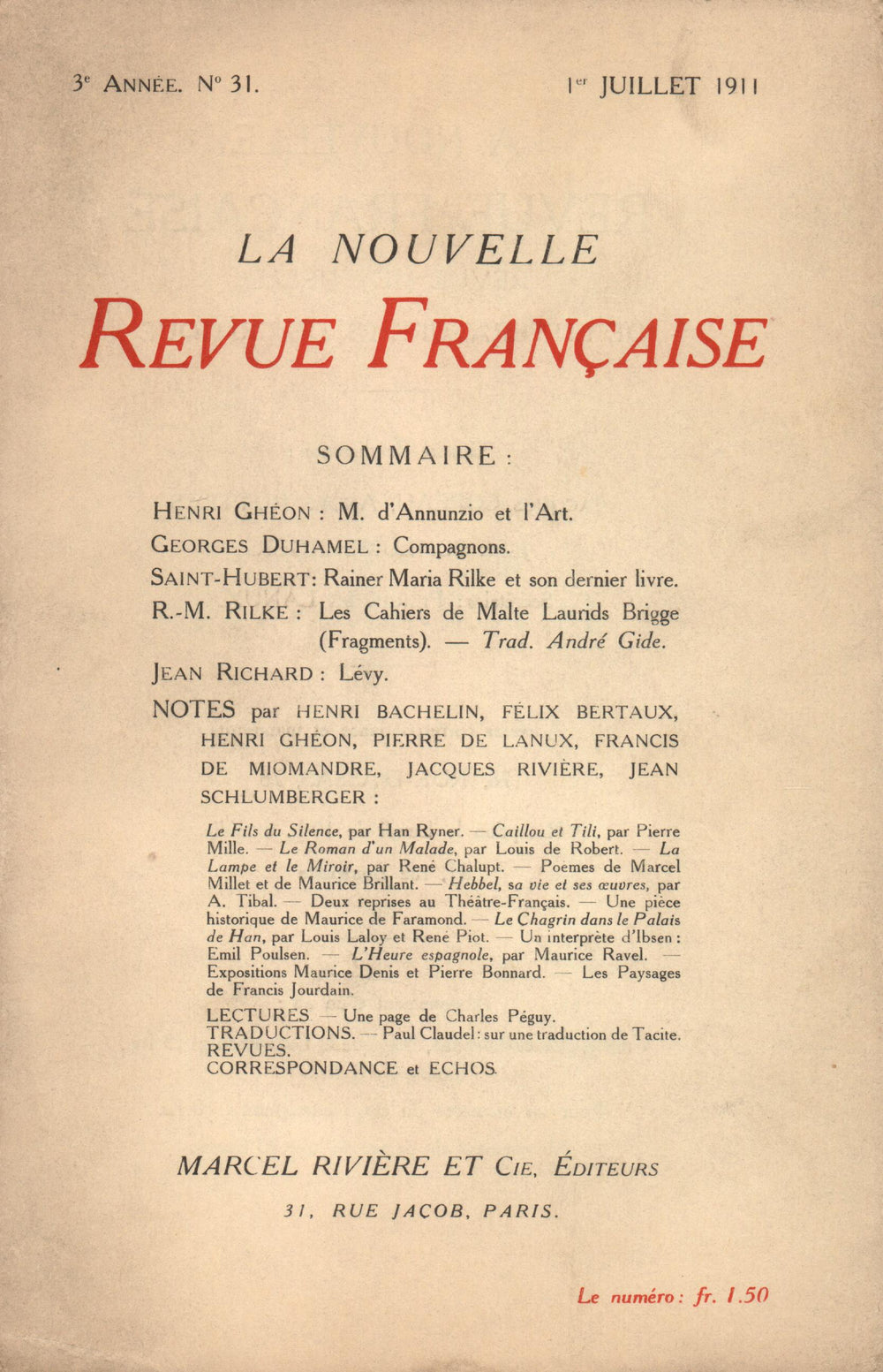 La Nouvelle Revue Française N' 31 (Juillet 1911)