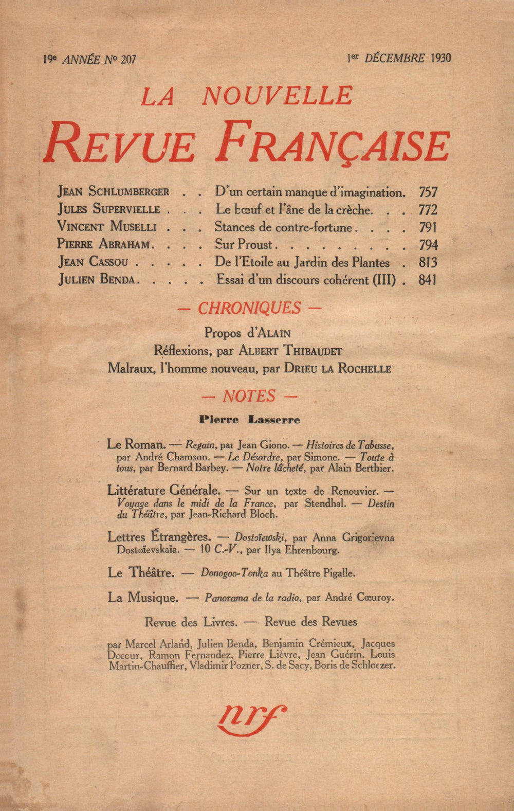 La Nouvelle Revue Française N' 207 (Décembre 1930)