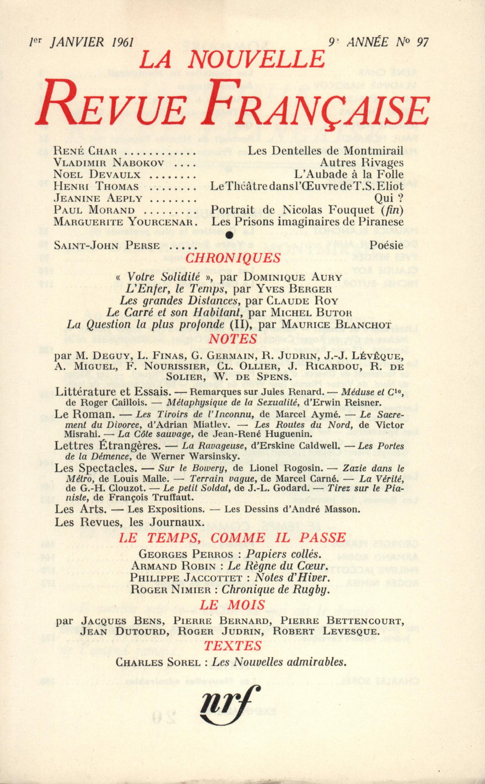La Nouvelle Revue Française N' 97 (Janvier 1961)