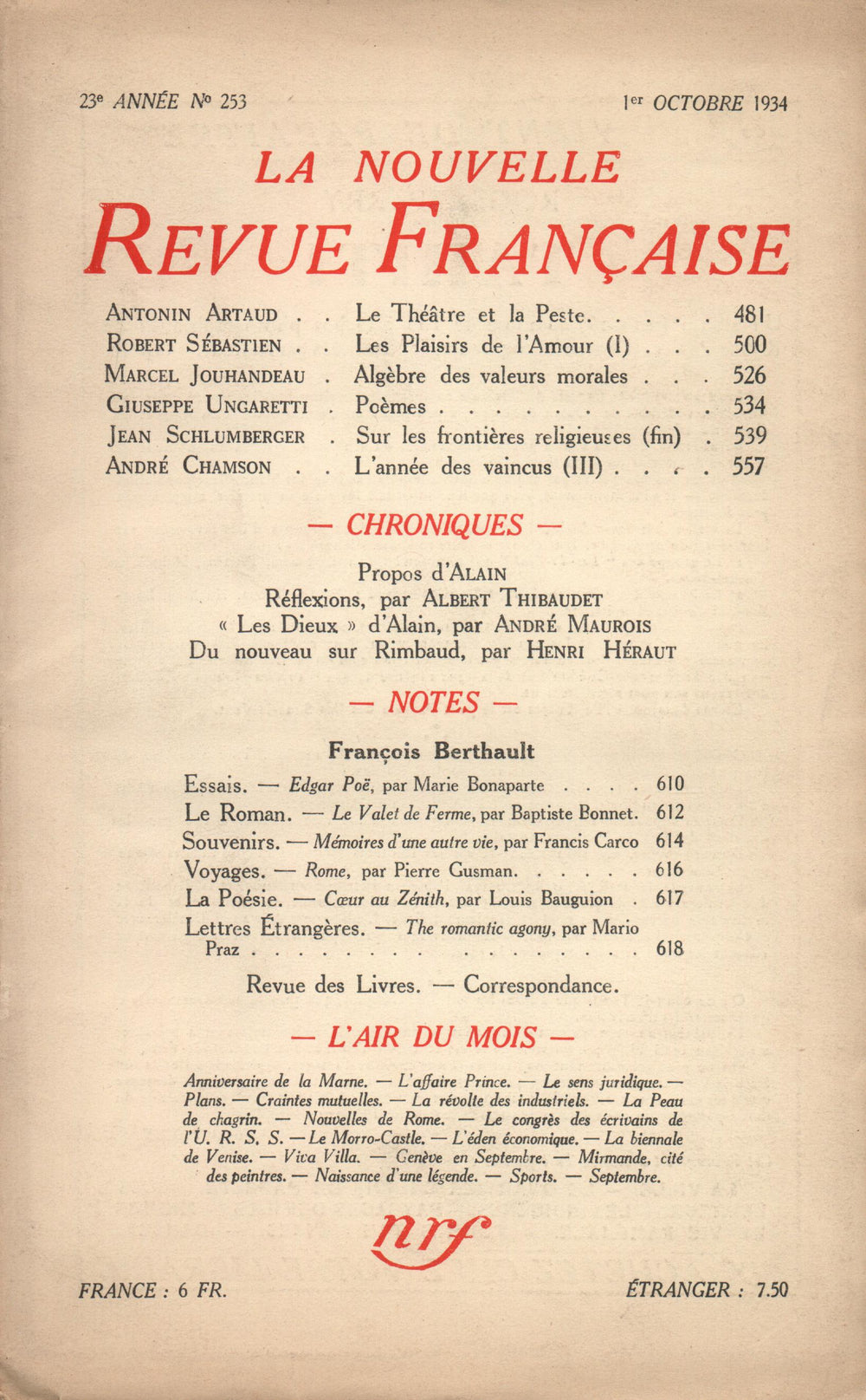 La Nouvelle Revue Française N° 253 (Octobre 1934)