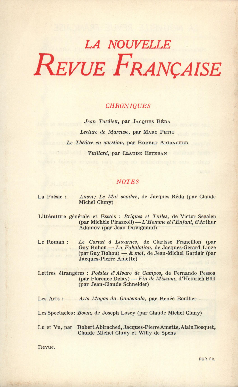 La Nouvelle Revue Française N' 190 (Octobre 1968)