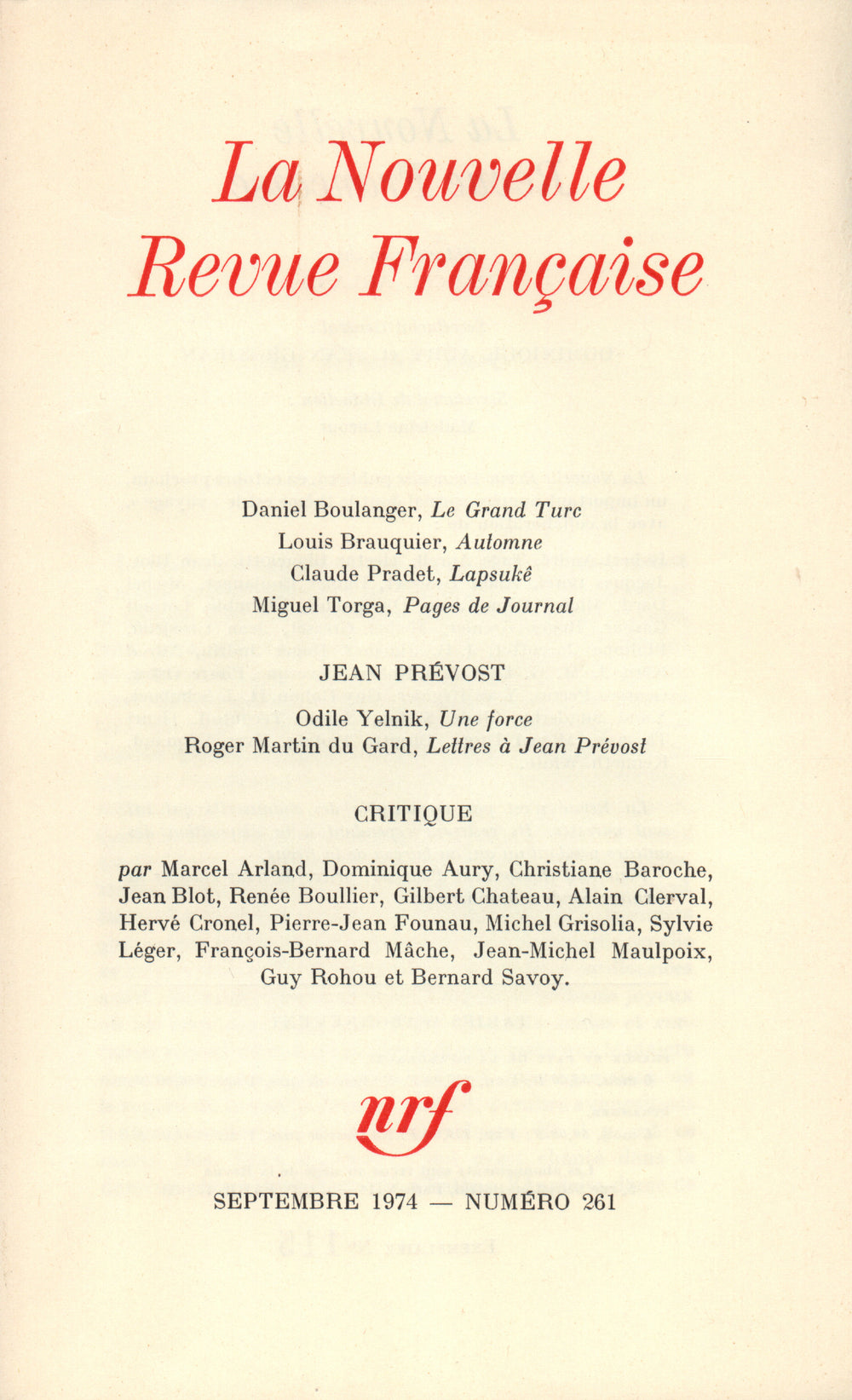 La Nouvelle Revue Française N° 261