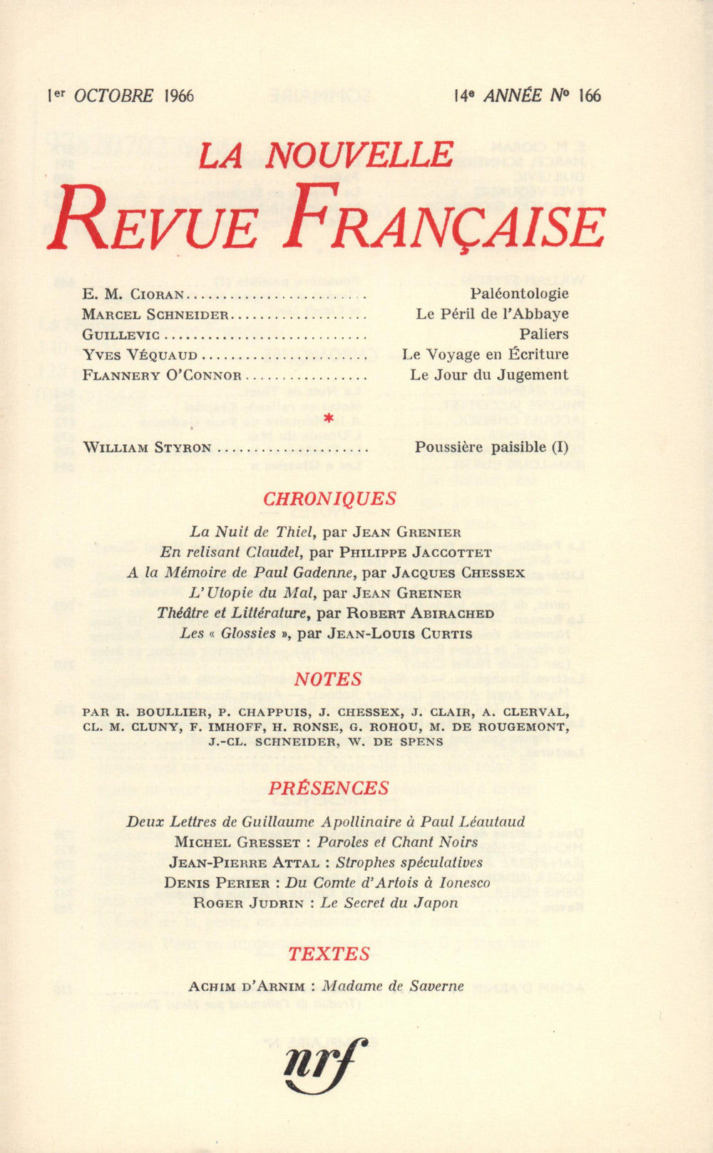 La Nouvelle Revue Française N' 166 (Octobre 1966)
