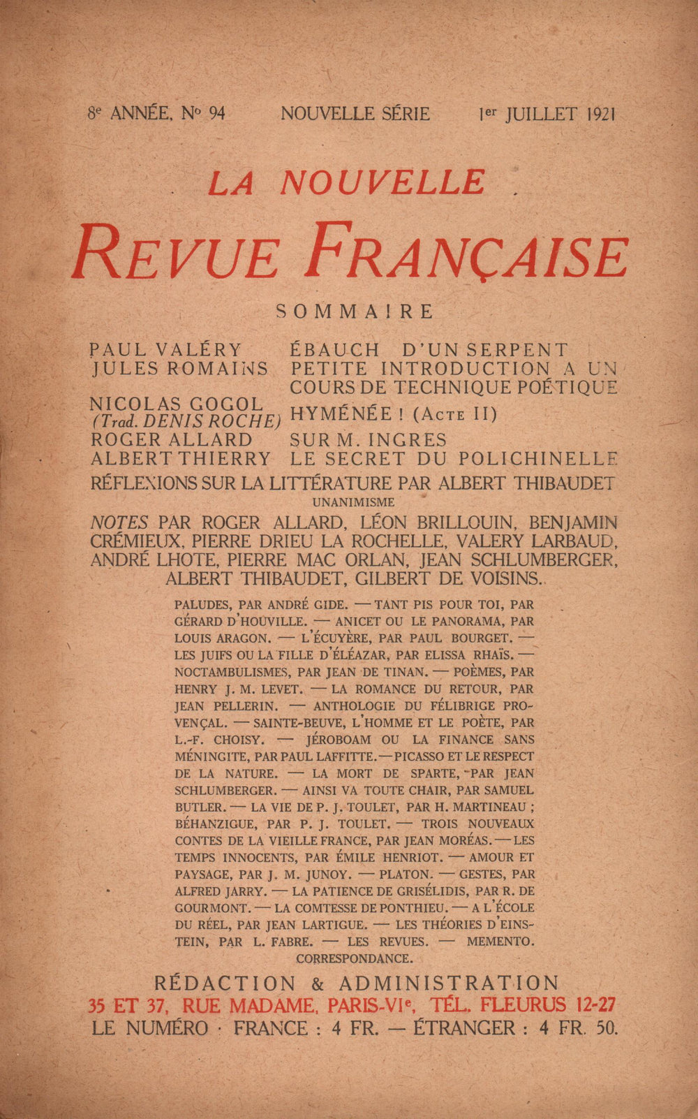 La Nouvelle Revue Française N' 94 (Juillet 1921)