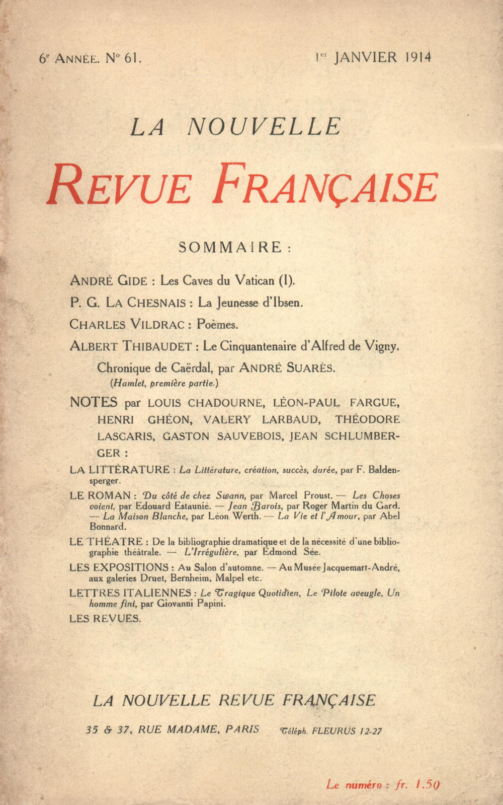 La Nouvelle Revue Française N' 61 (Janvier 1914)