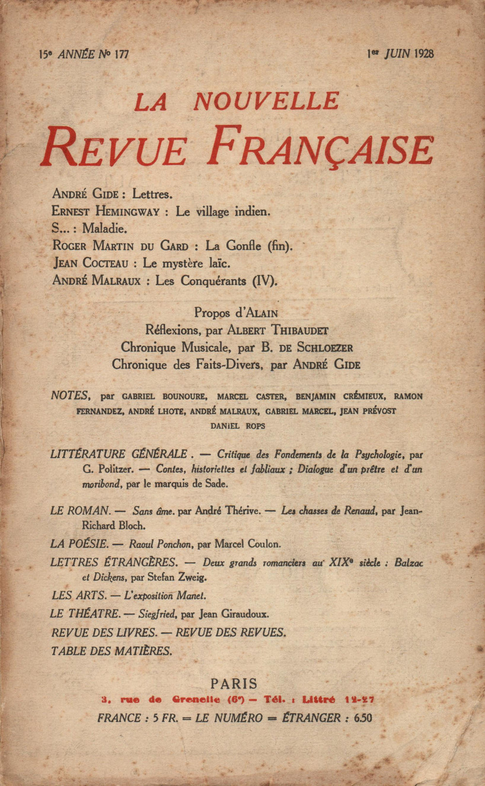 La Nouvelle Revue Française N' 177 (Juin 1928)