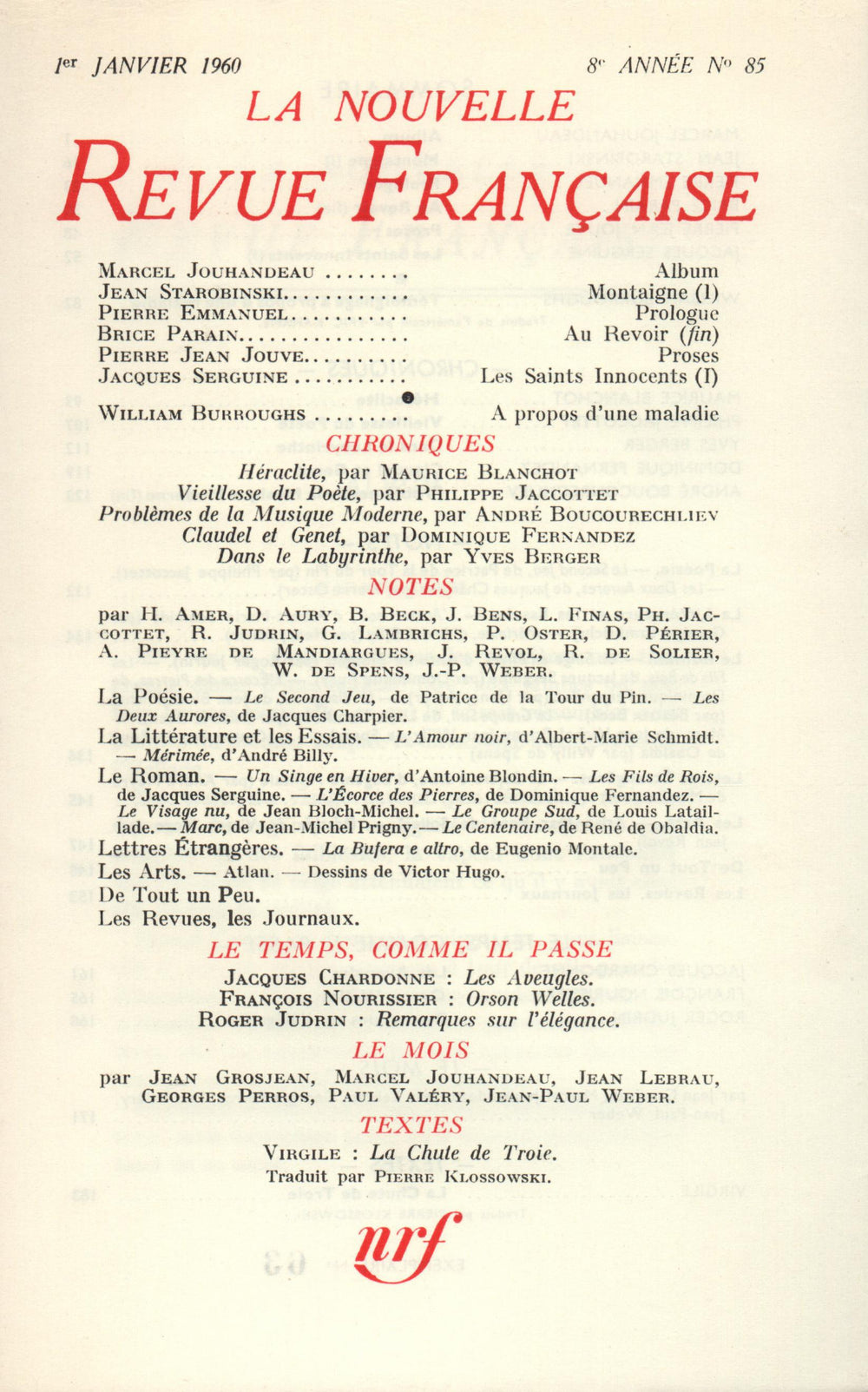 La Nouvelle Revue Française N' 85 (Janvier 1960)