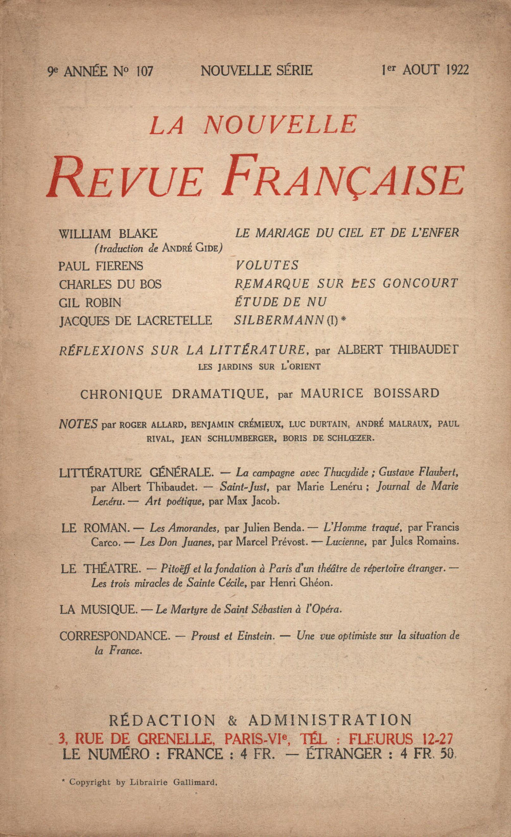 La Nouvelle Revue Française N° 107 (Août 1922)