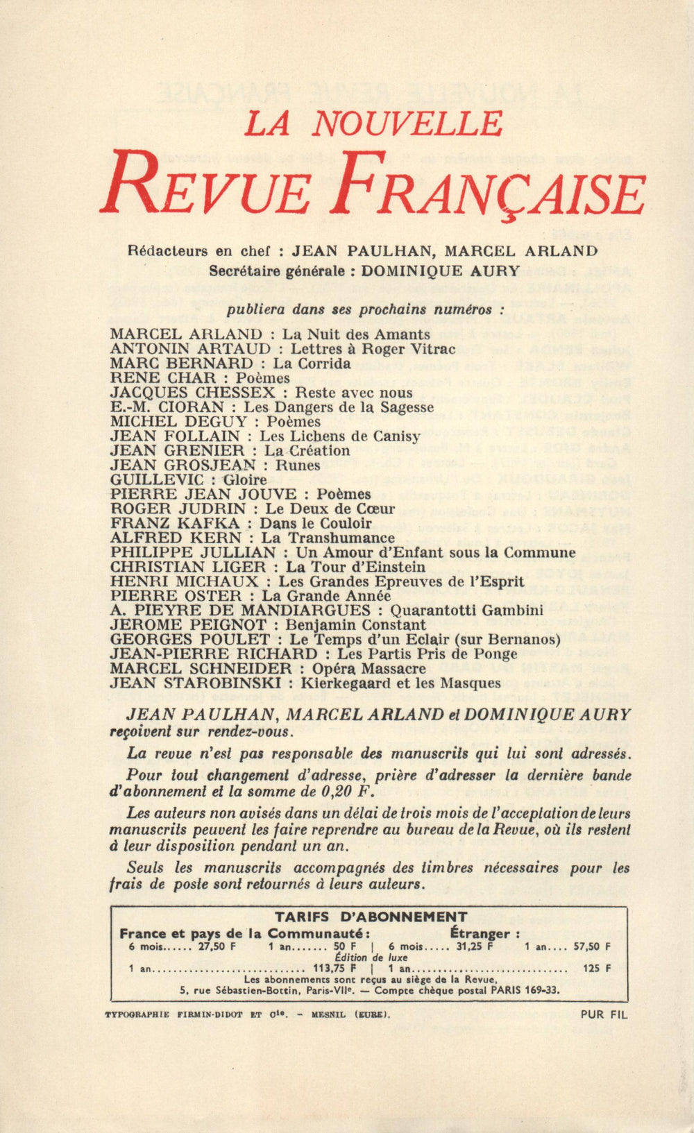 La Nouvelle Revue Française N' 135 (Mars 1964)