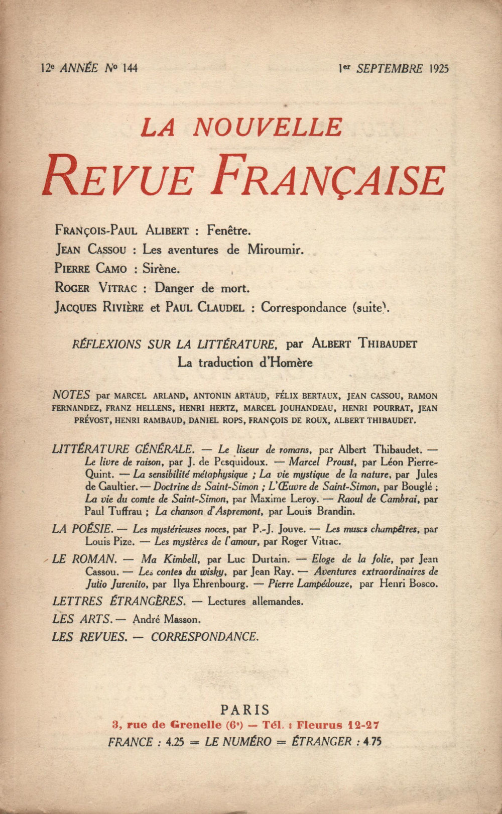 La Nouvelle Revue Française N' 144 (Septembre 1925)