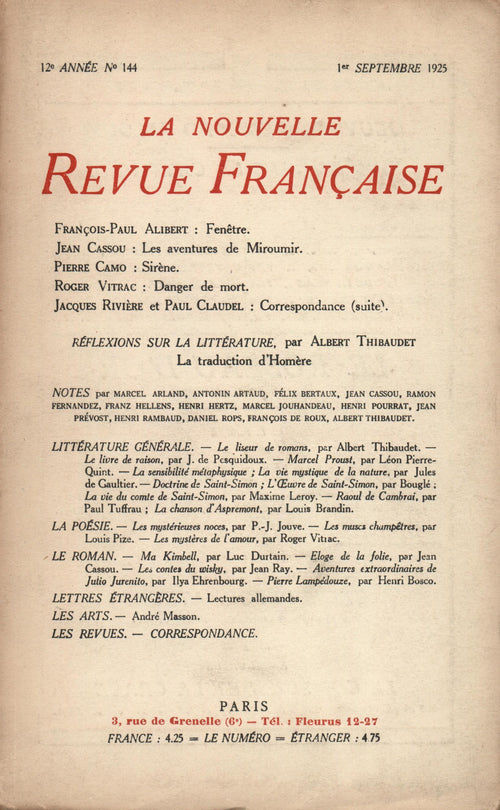 La Nouvelle Revue Française N' 144 (Septembre 1925)