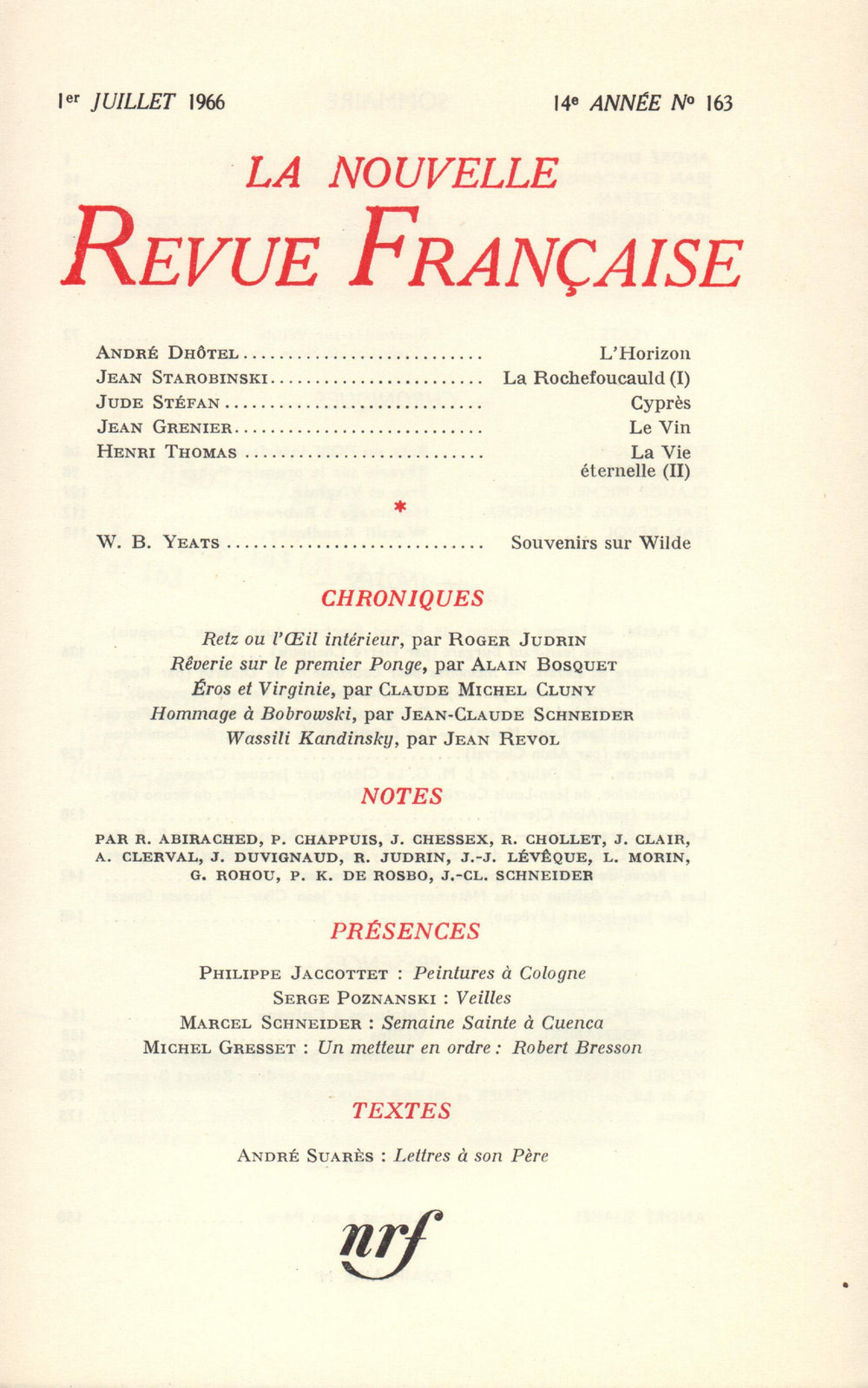 La Nouvelle Revue Française N' 163 (Juillet 1966)