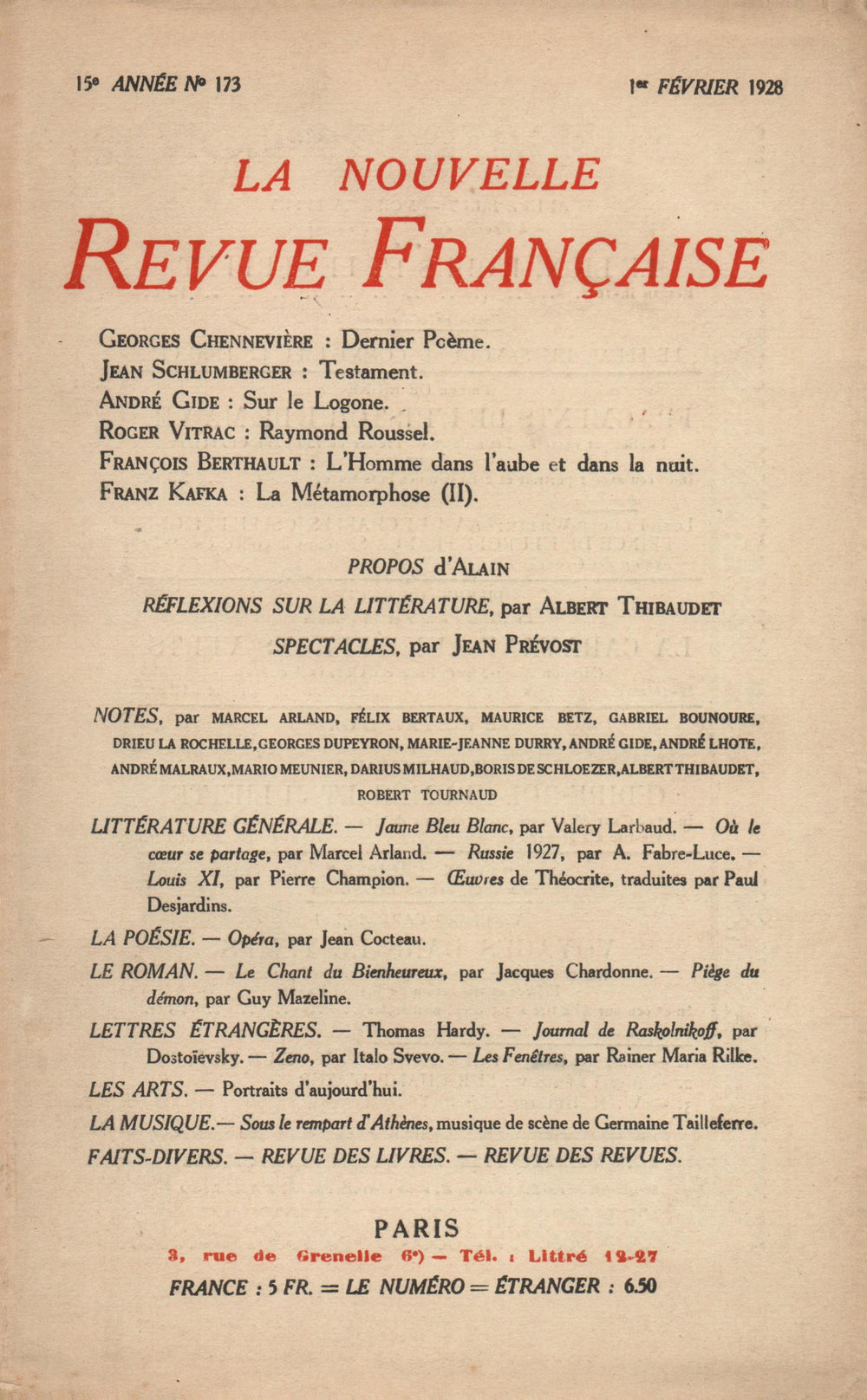 La Nouvelle Revue Française N' 173 (Février 1928)