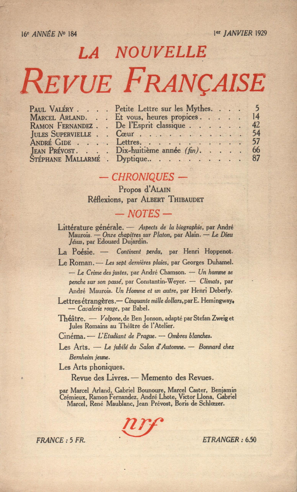 La Nouvelle Revue Française N' 184 (Janvier 1929)
