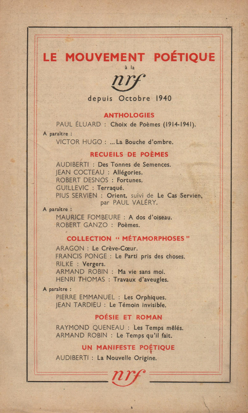 La Nouvelle Revue Française N' 342 (Aoűt 1942)