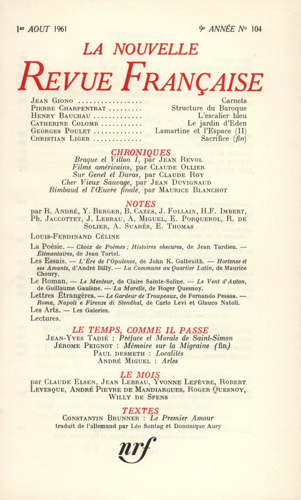 La Nouvelle Revue Française N' 104 (Aoűt 1961)