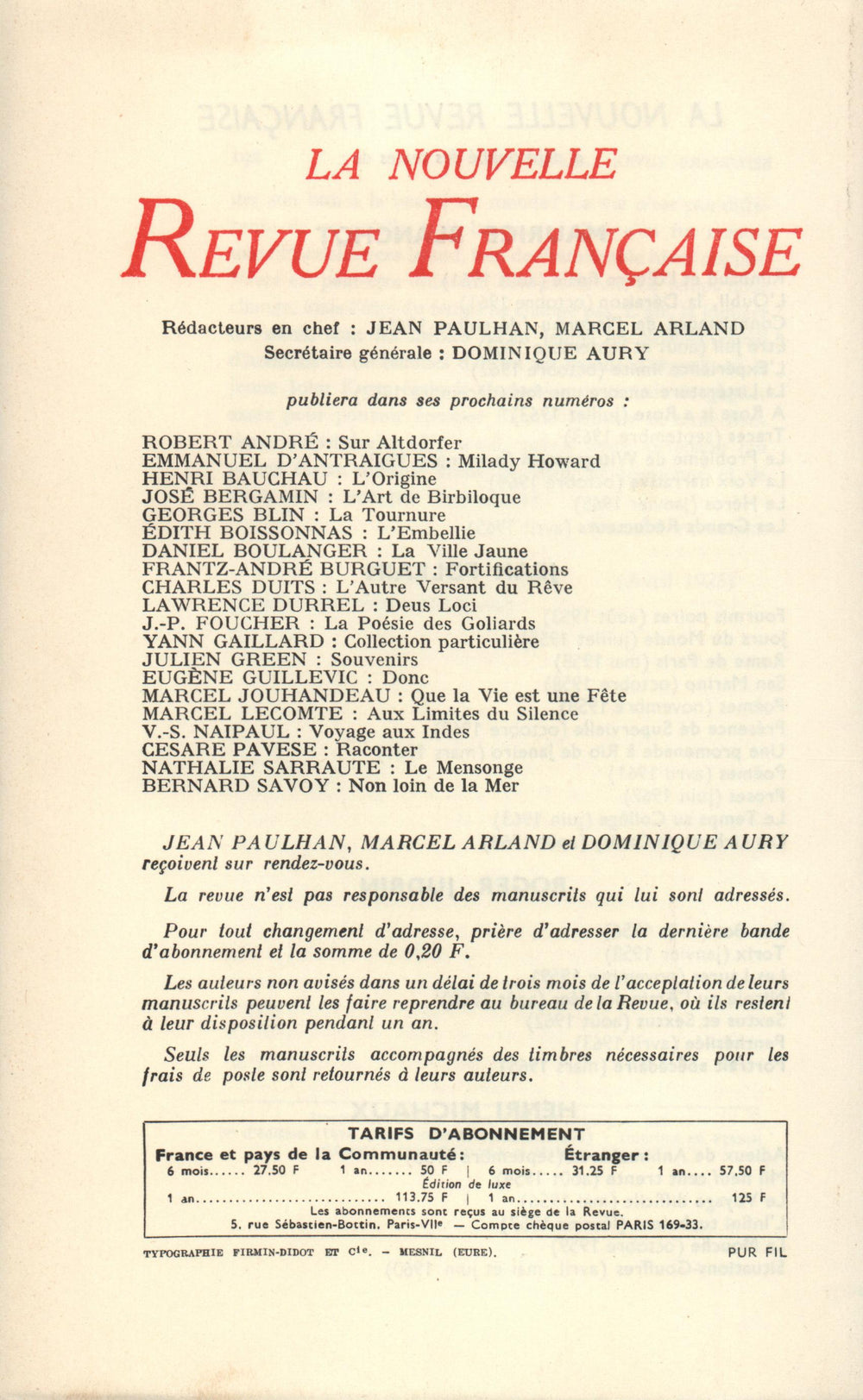 La Nouvelle Revue Française N' 151 (Juillet 1965)