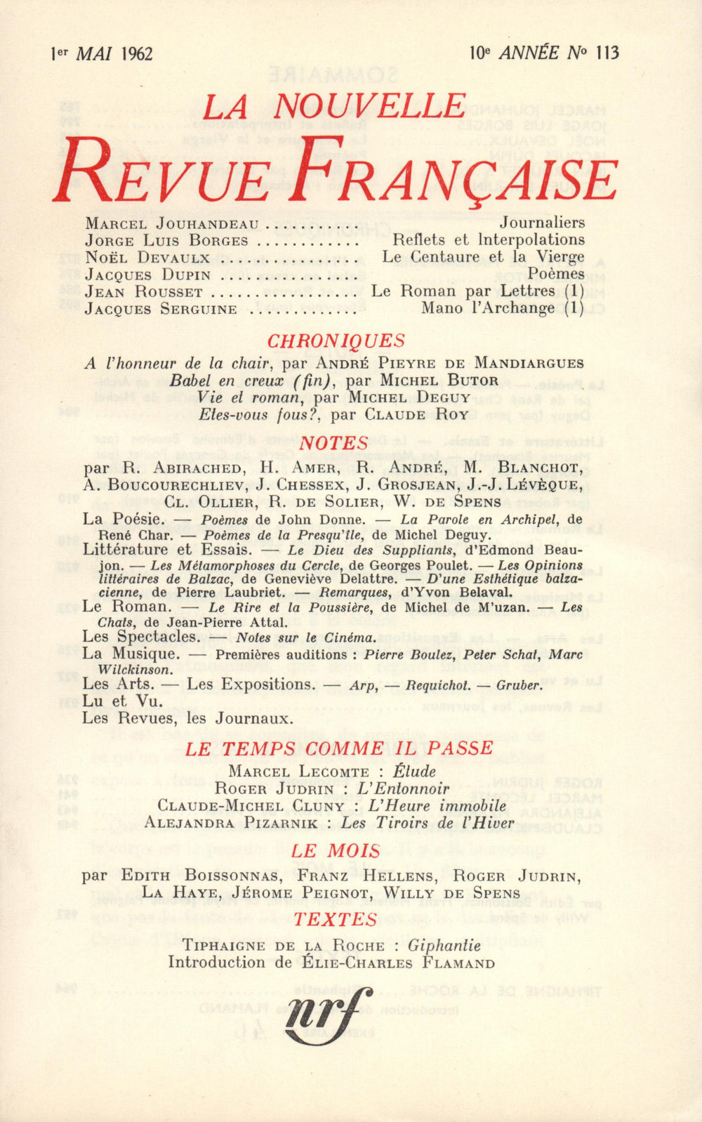 La Nouvelle Revue Française N' 113 (Mai 1962)