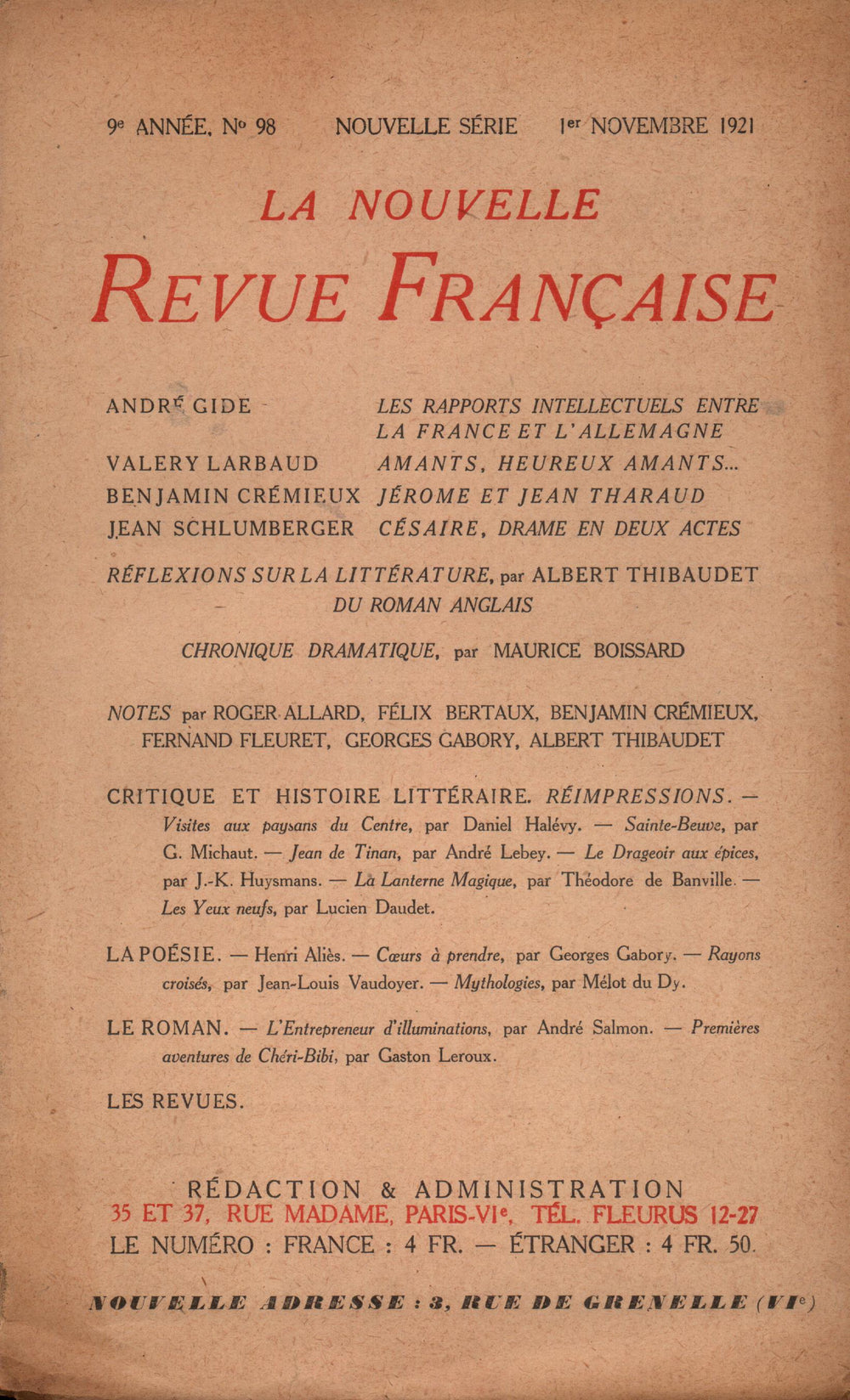La Nouvelle Revue Française N' 98 (Novembre 1921)