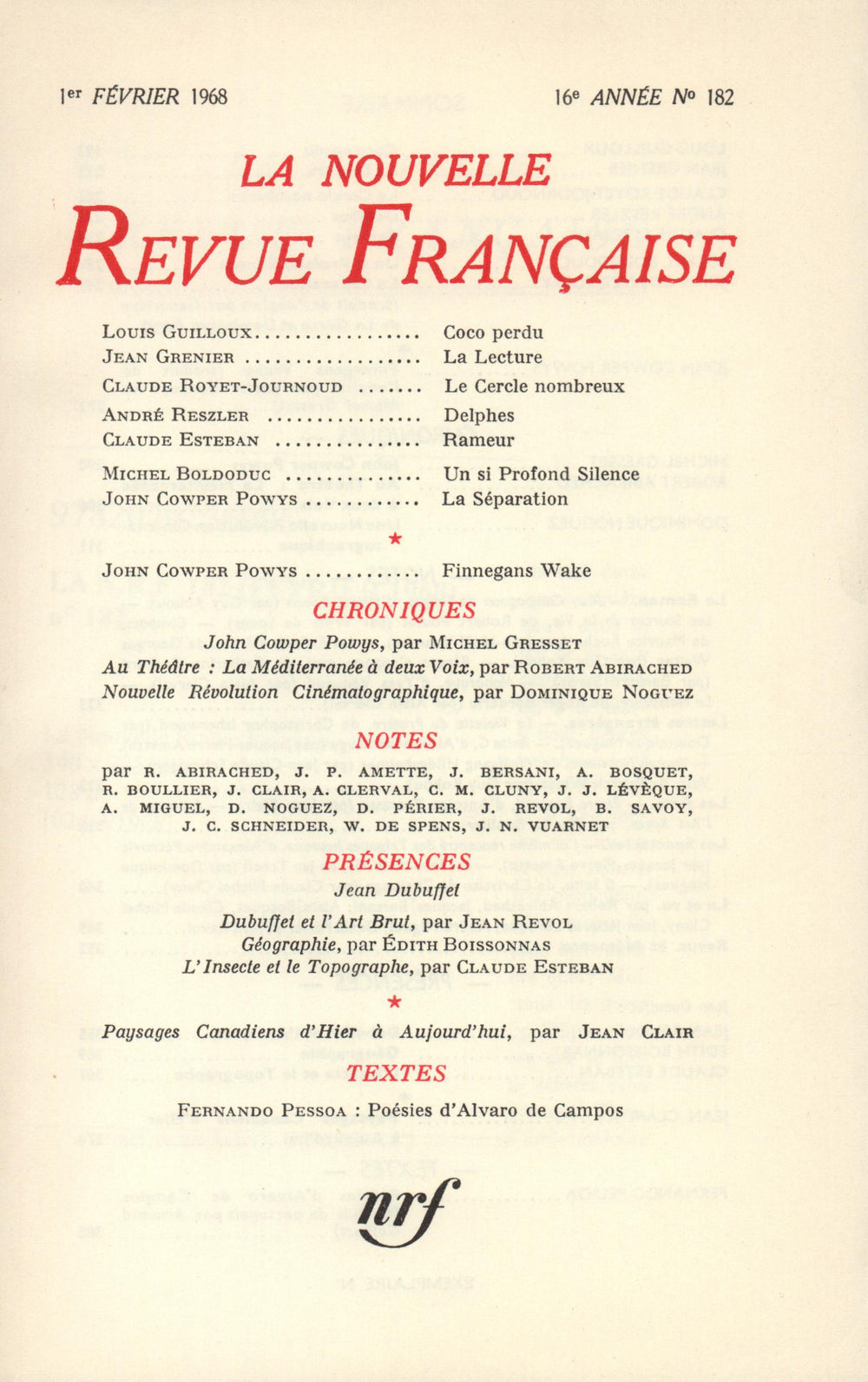 La Nouvelle Revue Française N' 182 (Février 1968)