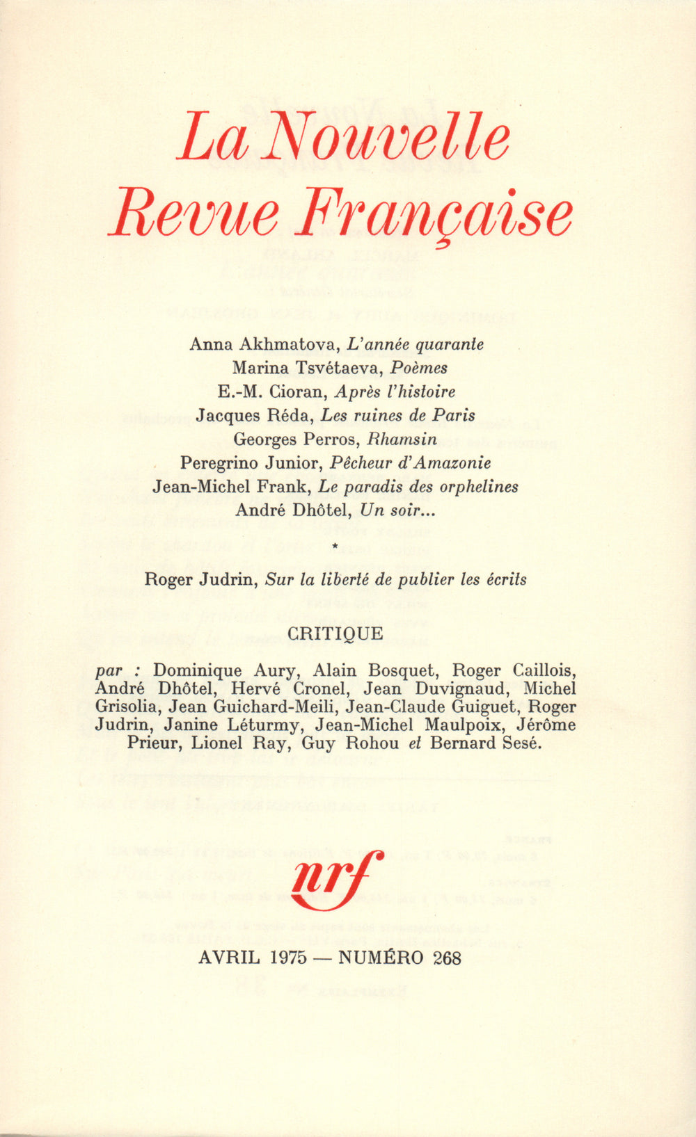La Nouvelle Revue Française N° 268