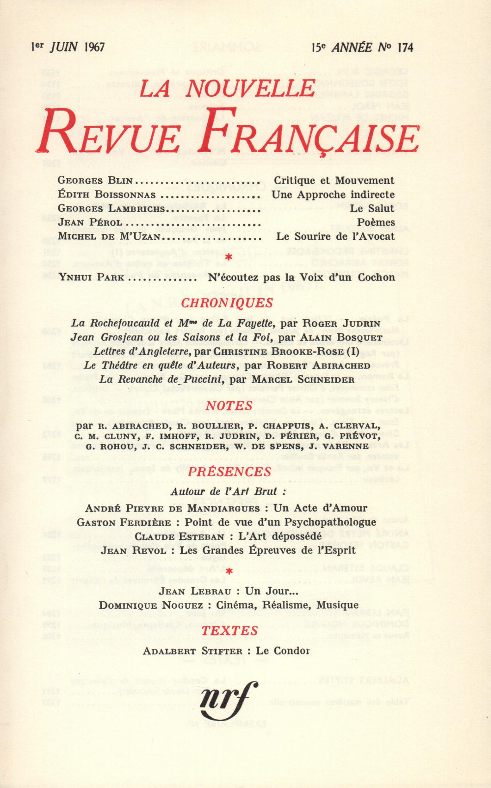 La Nouvelle Revue Française N' 174 (Juin 1967)