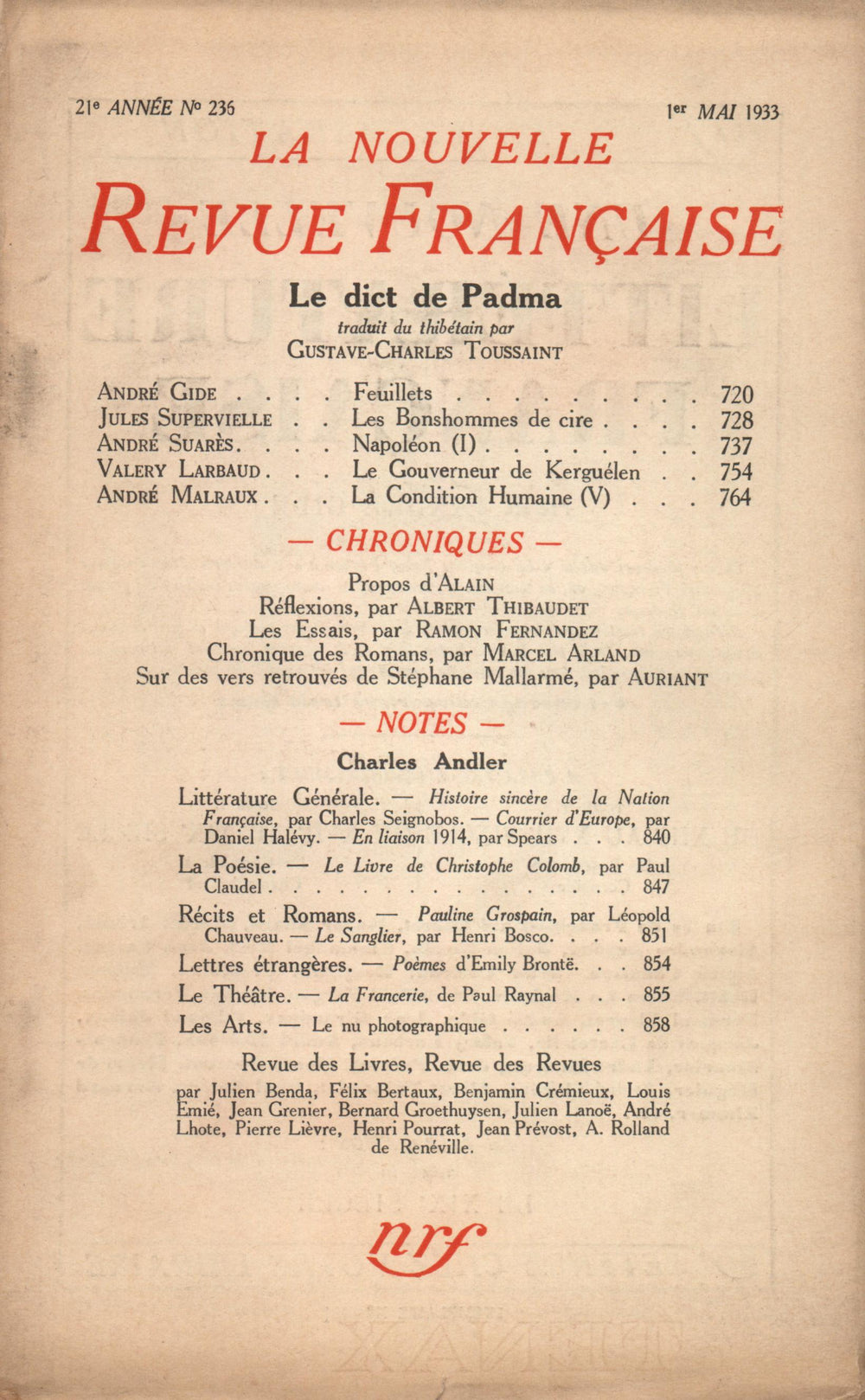 La Nouvelle Revue Française N° 236 (Mai 1933)