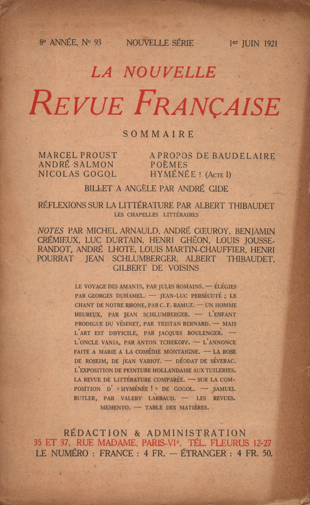 La Nouvelle Revue Française N' 93 (Juin 1921)