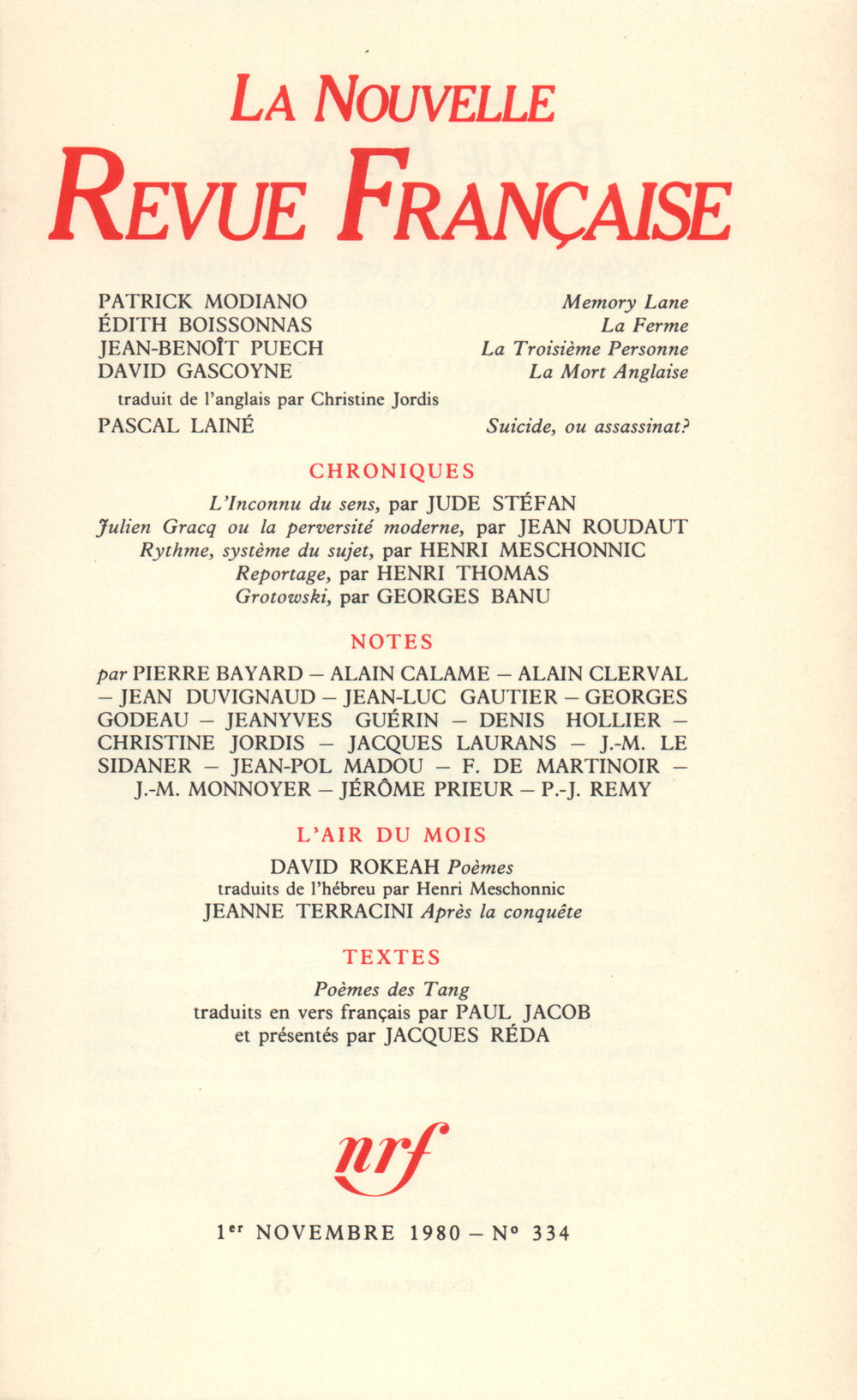La Nouvelle Revue Française N° 334