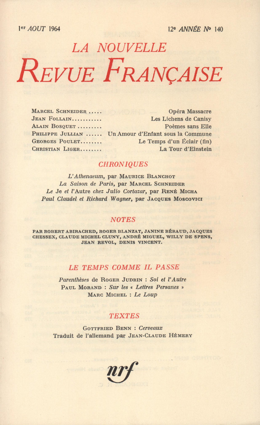 La Nouvelle Revue Française N' 140 (Aoűt 1964)