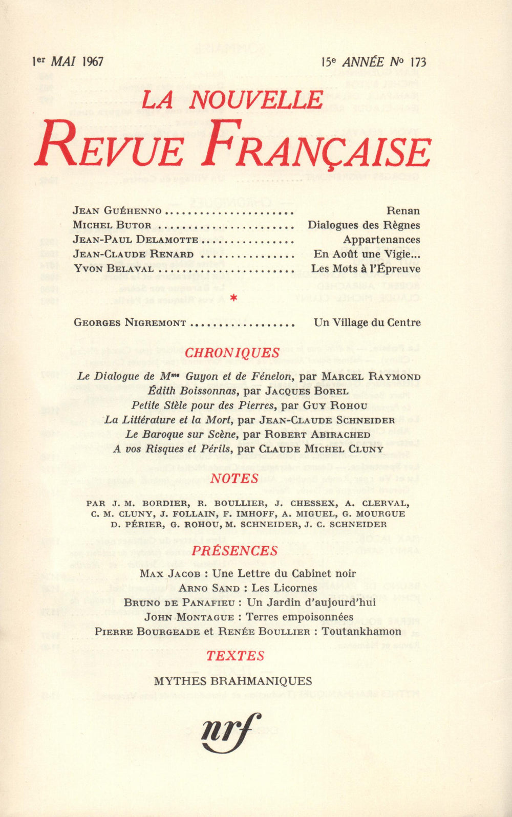 La Nouvelle Revue Française N' 173 (Mai 1967)
