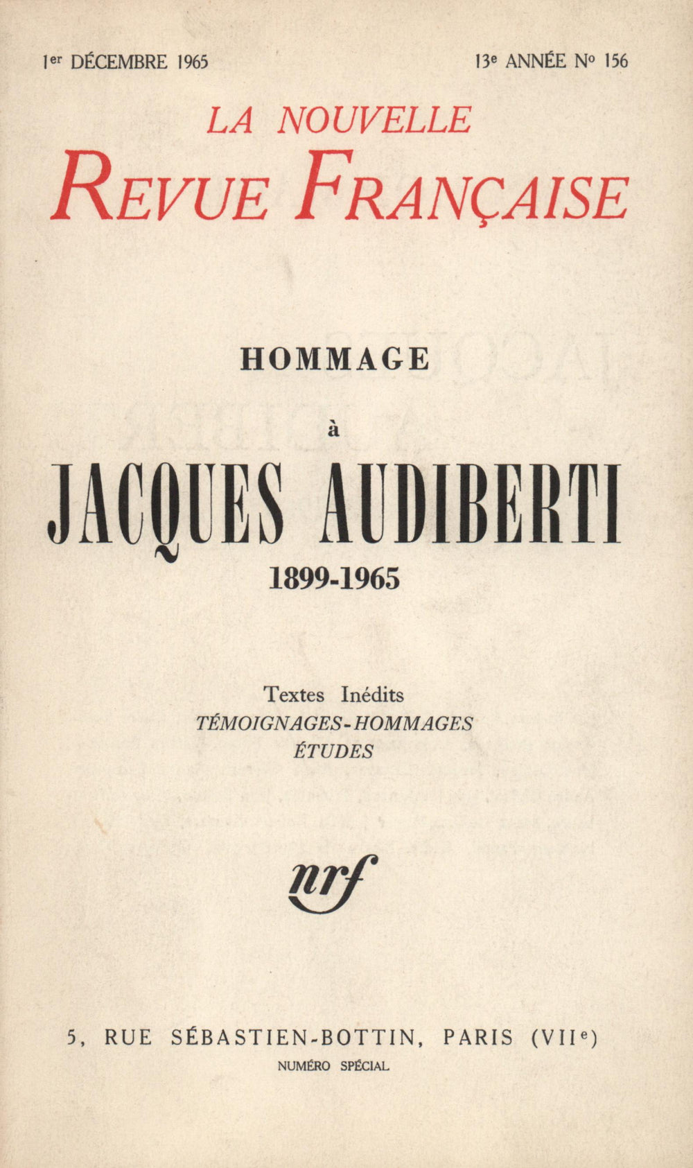 Hommage ŕ Jacques Audiberti N' 156 (Décembre 1965)