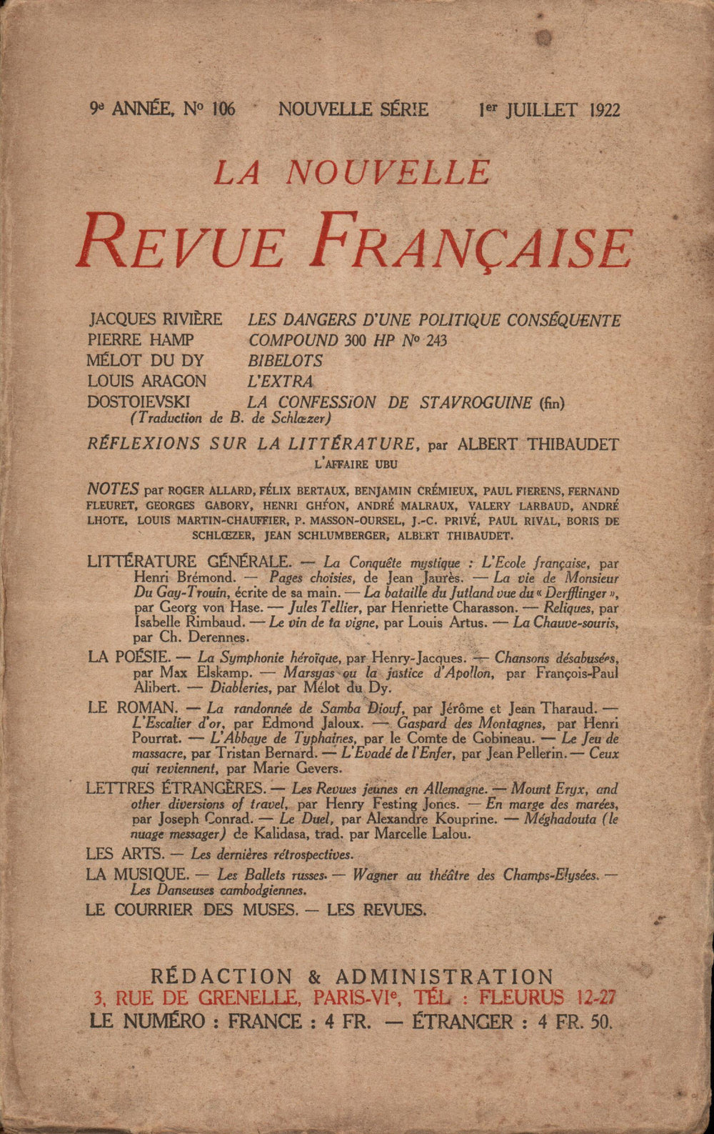 La Nouvelle Revue Française N° 106 (Juillet 1922)