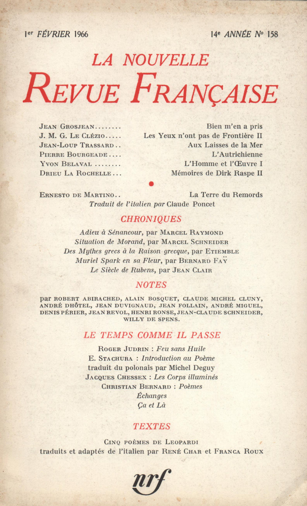 La Nouvelle Revue Française N' 158 (Février 1966)