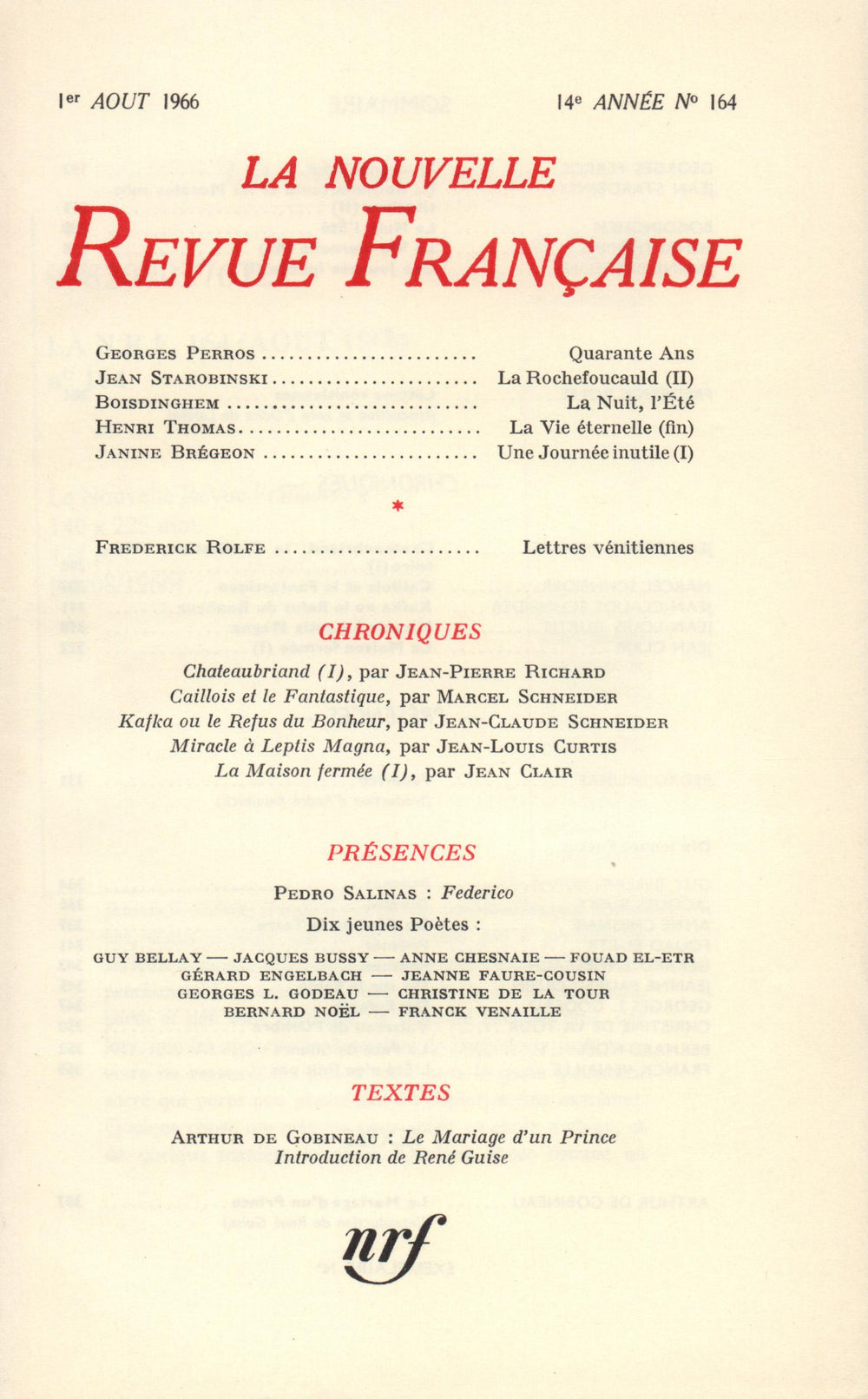 La Nouvelle Revue Française N' 164 (Aoűt 1966)