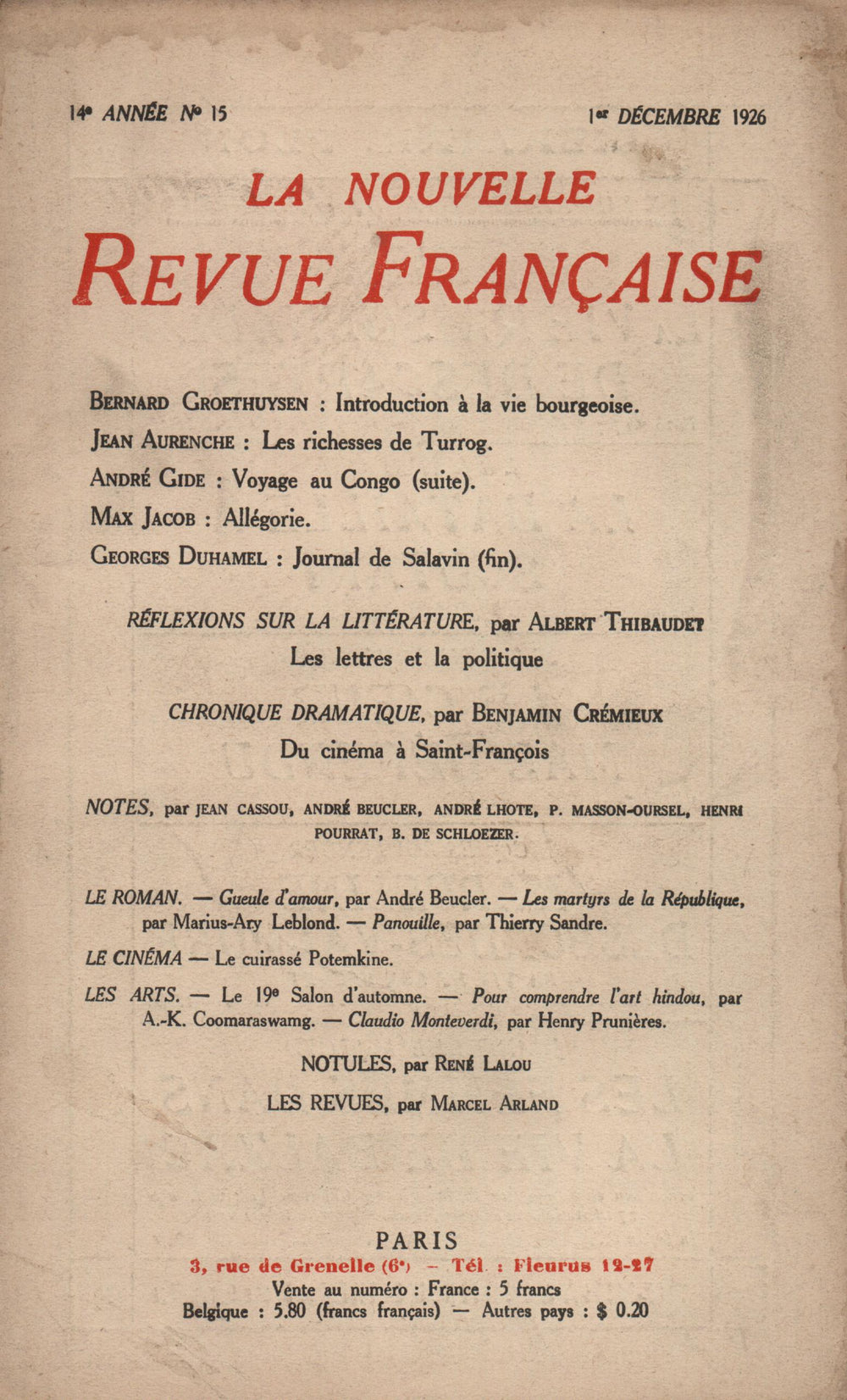 La Nouvelle Revue Française N' 159 (Décembre 1926)