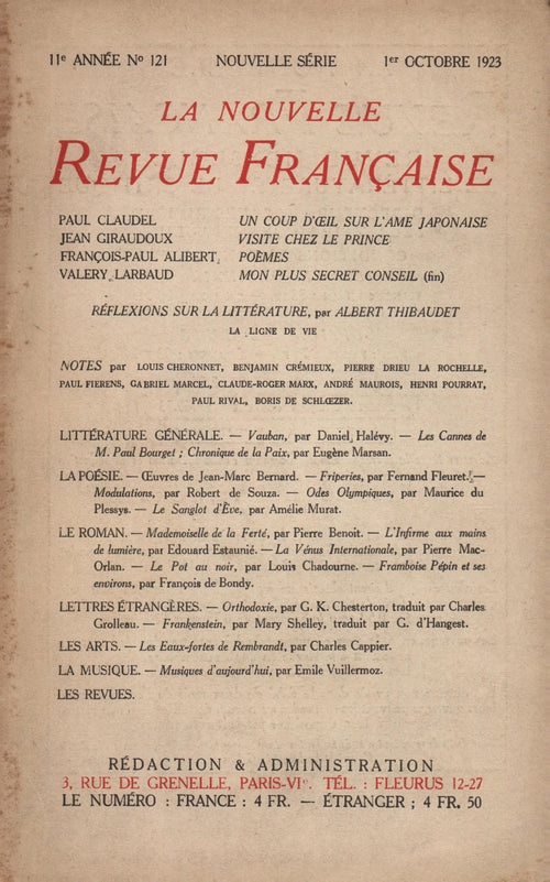 La Nouvelle Revue Française N' 121 (Octobre 1923)