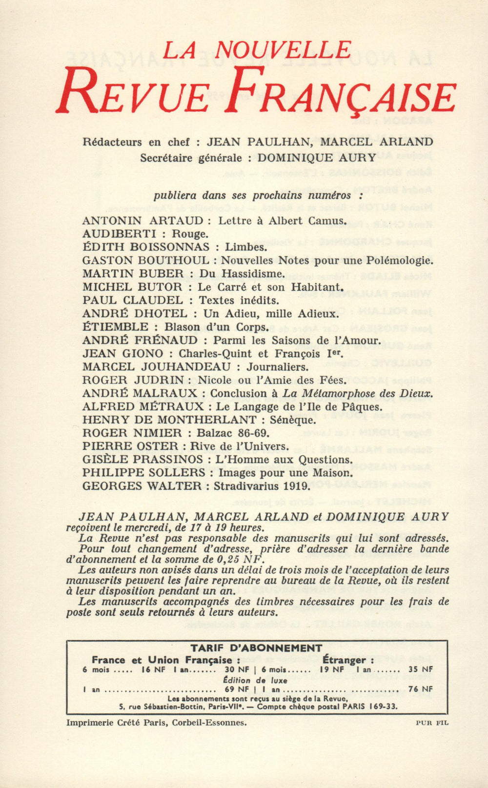 La Nouvelle Revue Française N' 88 (Avril 1960)