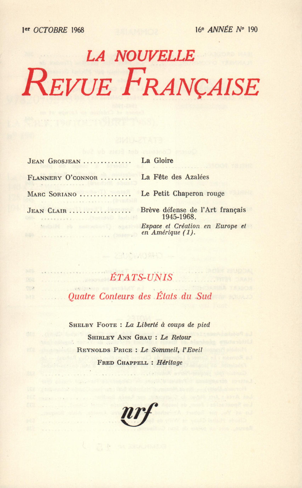 La Nouvelle Revue Française N' 190 (Octobre 1968)