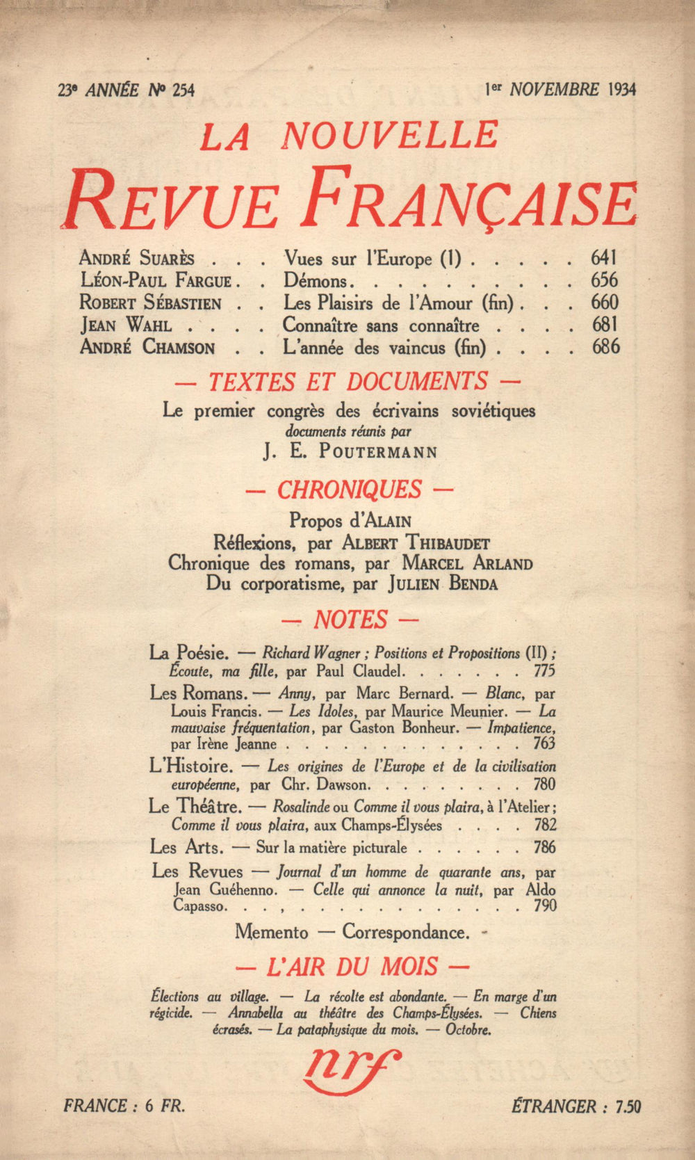 La Nouvelle Revue Française N° 254 (Novembre 1934)