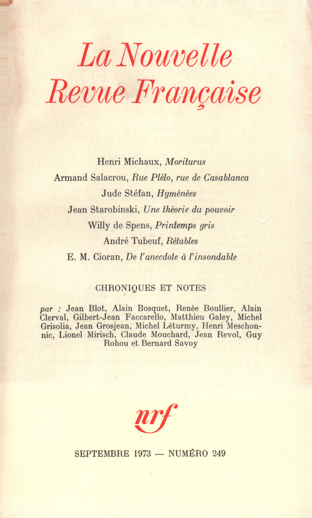 La Nouvelle Revue Française N° 249