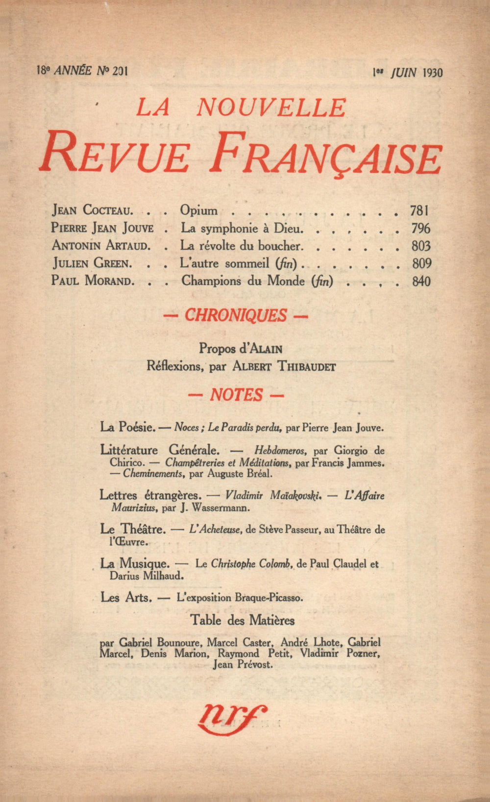 La Nouvelle Revue Française N' 201 (Juin 1930)