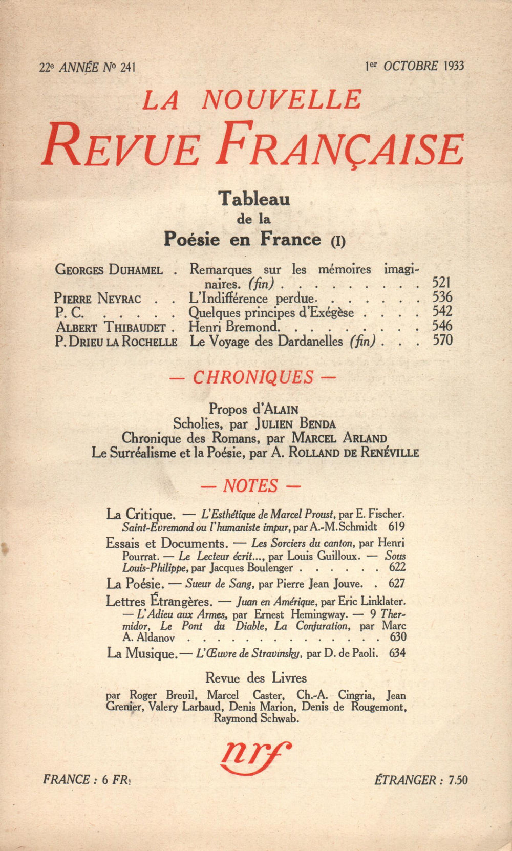 La Nouvelle Revue Française N° 241 (Octobre 1933)
