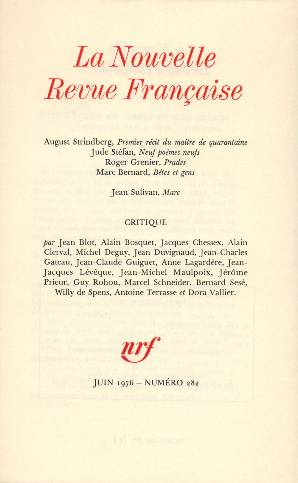 La Nouvelle Revue Française N° 282