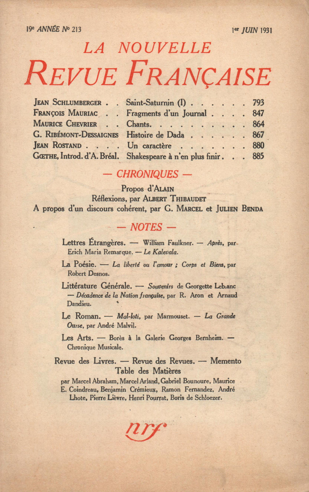 La Nouvelle Revue Française N' 213 (Juin 1931)