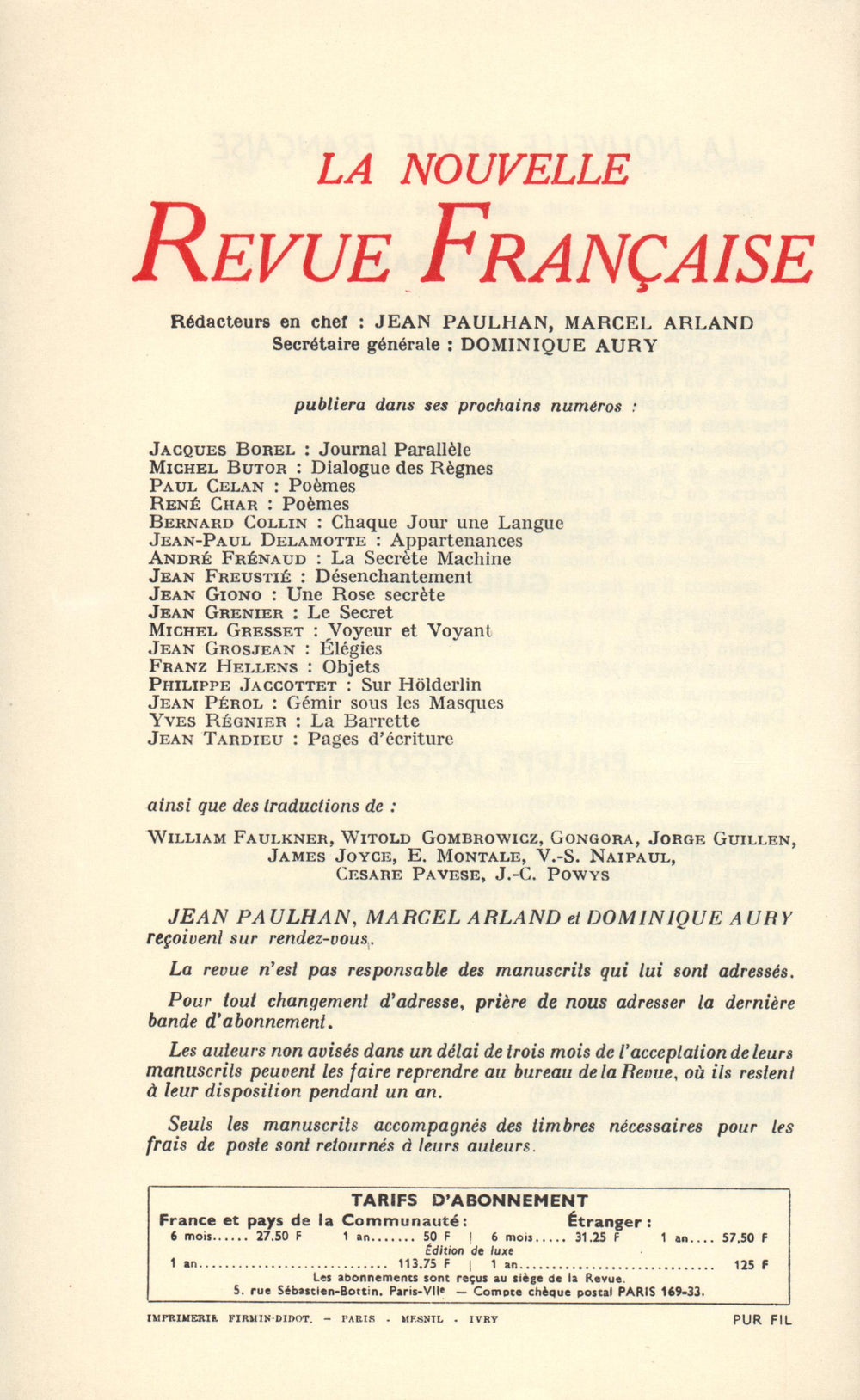 La Nouvelle Revue Française N' 166 (Octobre 1966)