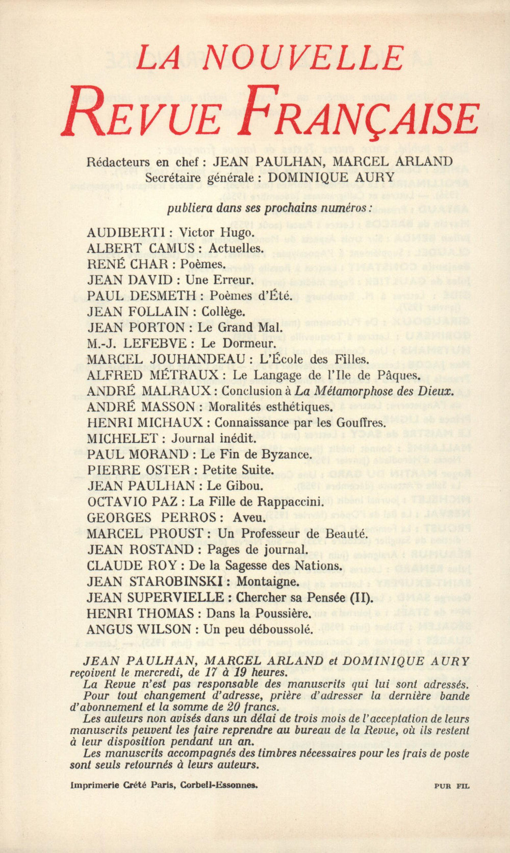 La Nouvelle Revue Française N' 75 (Mars 1959)