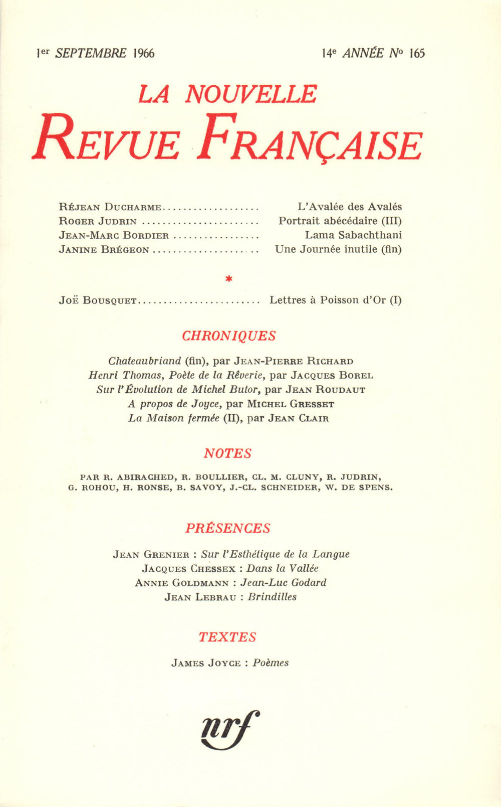La Nouvelle Revue Française N' 165 (Septembre 1966)
