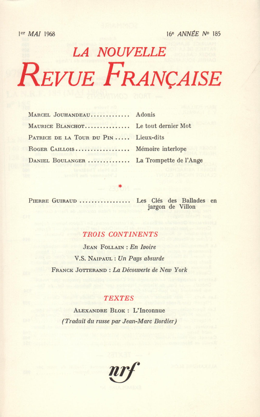 La Nouvelle Revue Française N' 185 (Mai 1968)