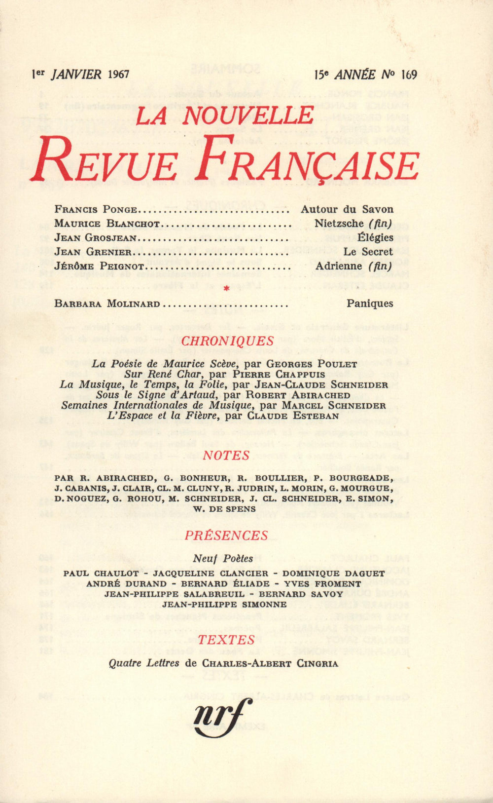 La Nouvelle Revue Française N' 169 (Janvier 1967)